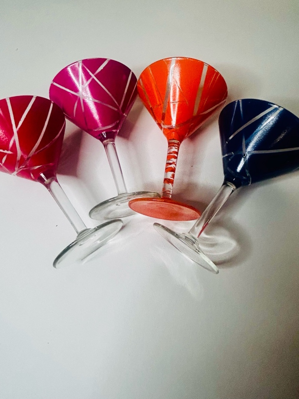 Handpainted Martini Glasses  Set of Four 4 Blue Orange Red Pink Home Decor